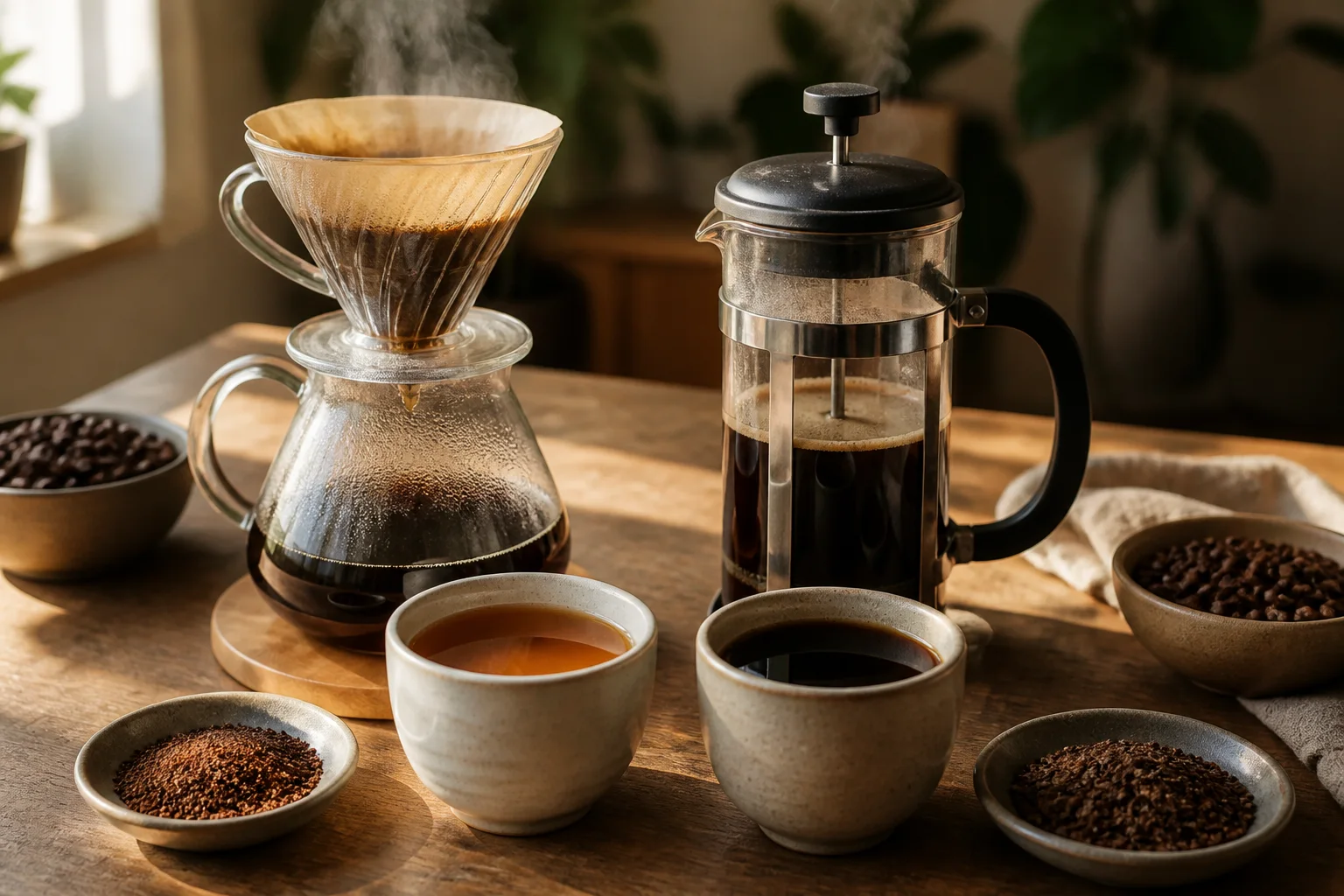 Pour-over brewer and French press prepared side by side